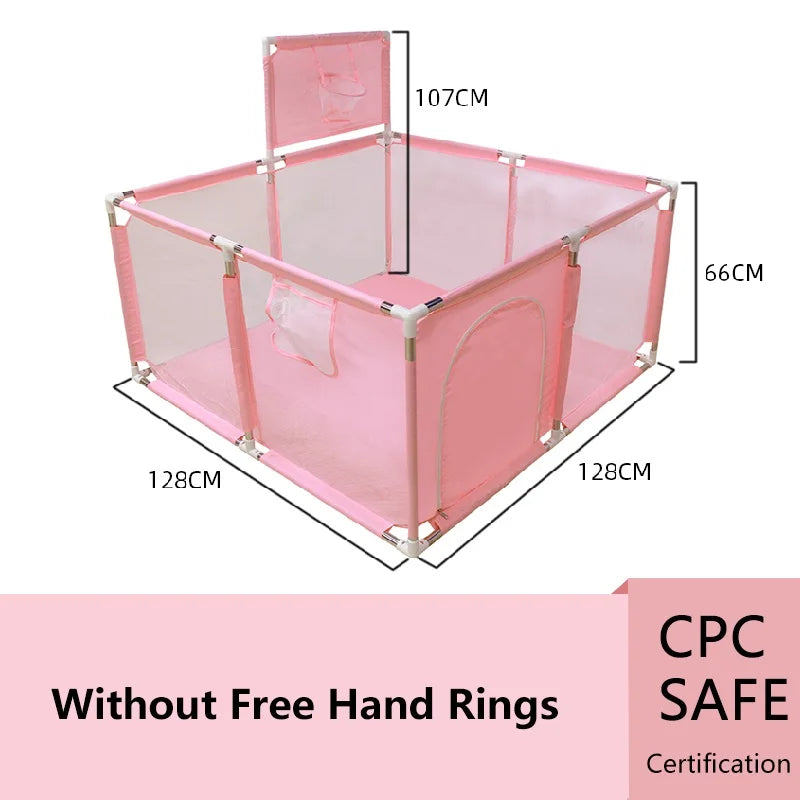 Cercado infantil IMBABY para uso interno, com barreira de segurança, piscina seca e área de recreação para crianças.