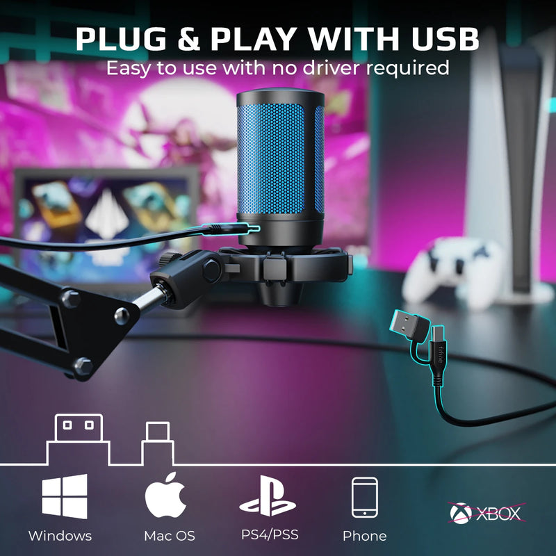 Kit de microfone para jogos AmpliGame com silenciador rápido, conjunto de microfone condensador USB RGB com braço de metal para PC móvel, PS4/5, streaming - A2T