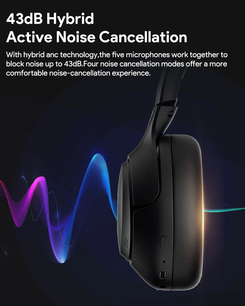 Fones de ouvido sem fio QCY H3 ANC Bluetooth 5.4 com áudio de alta resolução e cancelamento de ruído ativo híbrido de 43 dB 60H