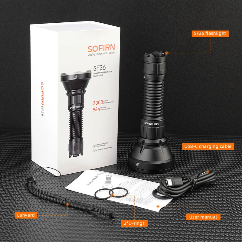 Lanterna tática Sofirn SF26 2000lm SFT40 LED 6000K Tipo C recarregável portátil e potente 21700