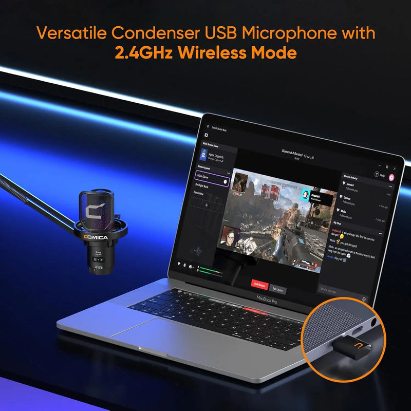 Microfone para jogos USB Comica Uni Pro com botão de cancelamento de ruído/RGB/balanço de ganho e microfone condensador para streaming de podcast