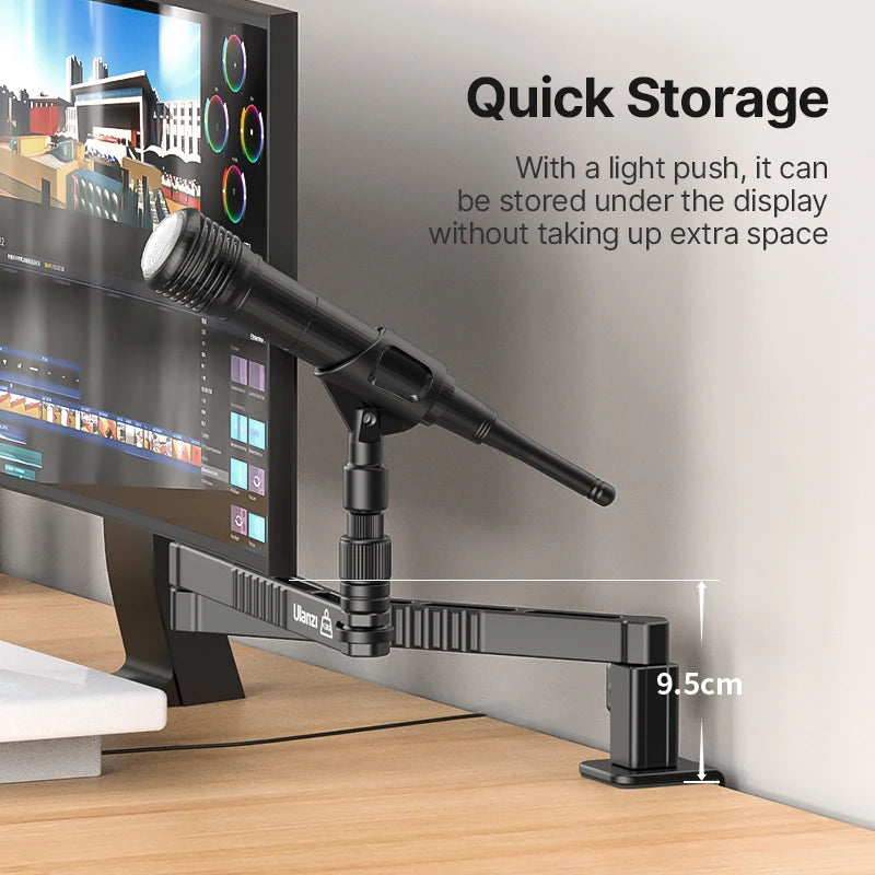 Suporte baixo para microfone de mesa Ulanzi LS26, ajustável em 360°, braço cruzado super longo de 48 cm com suporte para microfone de 1/4'', 3/8'' e 5/8''