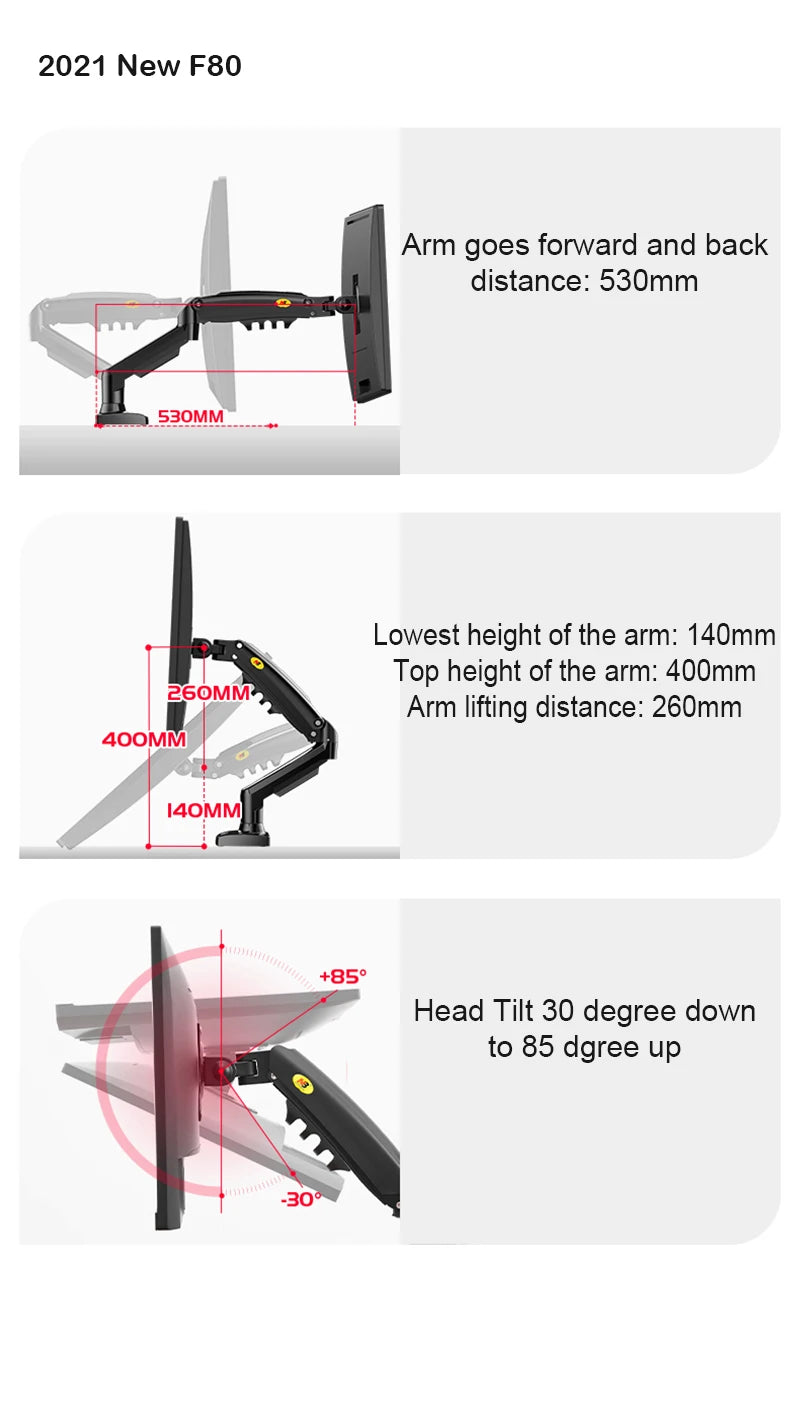 Suporte de monitor LCD LED de mesa de 17 a 30 polegadas com mola a gás F80 Braço ergonômico Suporte de gás Flexi Mount Carga 2 a 9 kg