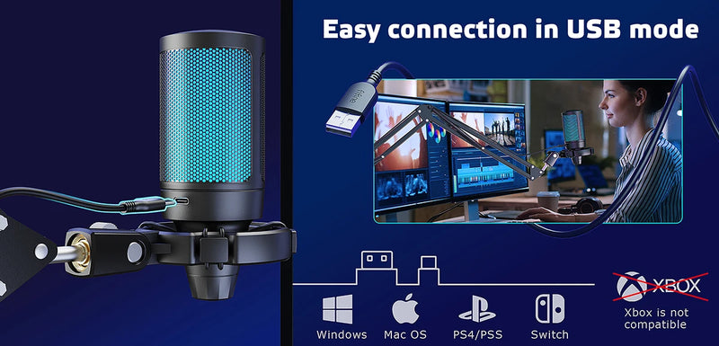 Kit de microfone para jogos AmpliGame com silenciador rápido, conjunto de microfone condensador USB RGB com braço de metal para PC móvel, PS4/5, streaming - A2T