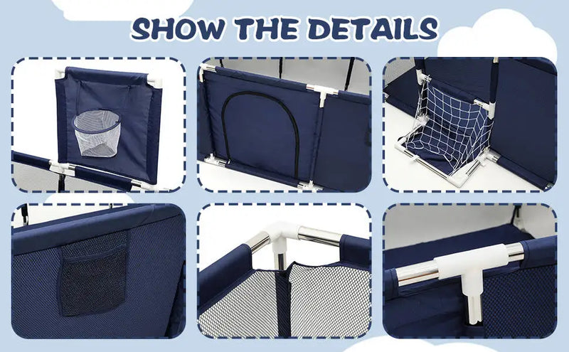 Cercado infantil IMBABY para uso interno, com barreira de segurança, piscina seca e área de recreação para crianças.