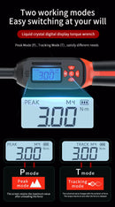 Chave de torque digital ajustável de 0,6 a 340 N.m, precisão de 2%, com alerta LED/sonoro para carros, motos e motocicletas.