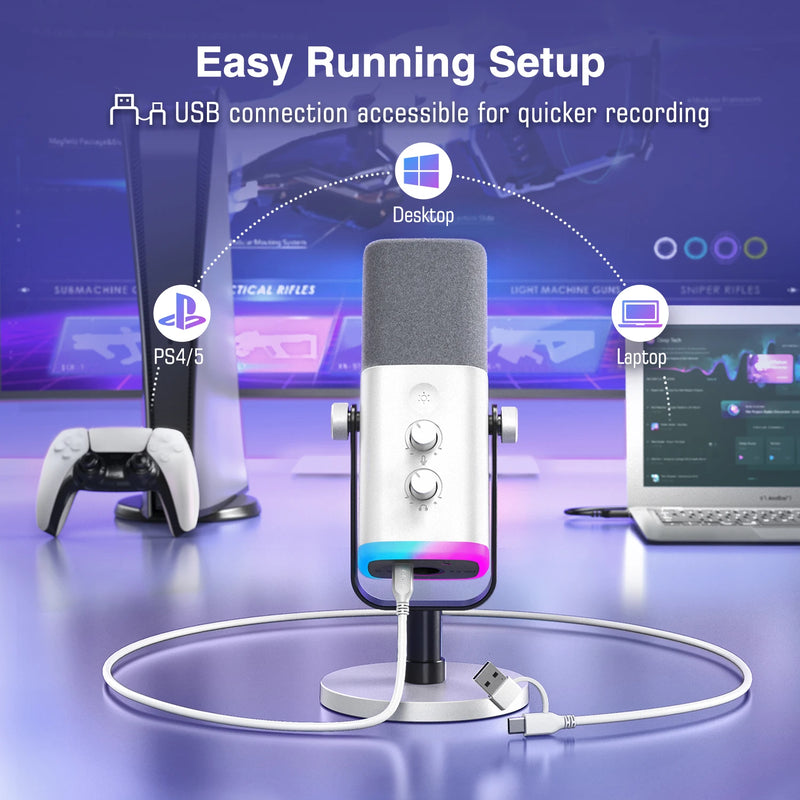Microfone dinâmico FIFINE XLR/USB com entrada para fone de ouvido/RGB/mudo, microfone para gravação e streaming de jogos PS4/PS5 Ampligame AM8W