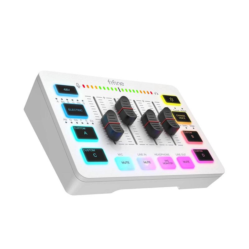 Mixer de áudio para jogos FIFINE, mixer RGB de 4 canais para streaming com interface de microfone XLR, para voz de jogos, podcast, AmpliGame SC3