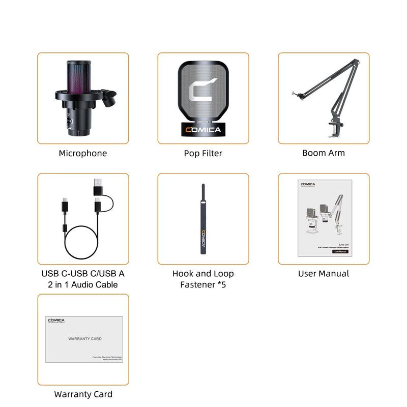 Microfone para jogos USB Comica Uni Pro com botão de cancelamento de ruído/RGB/balanço de ganho e microfone condensador para streaming de podcast
