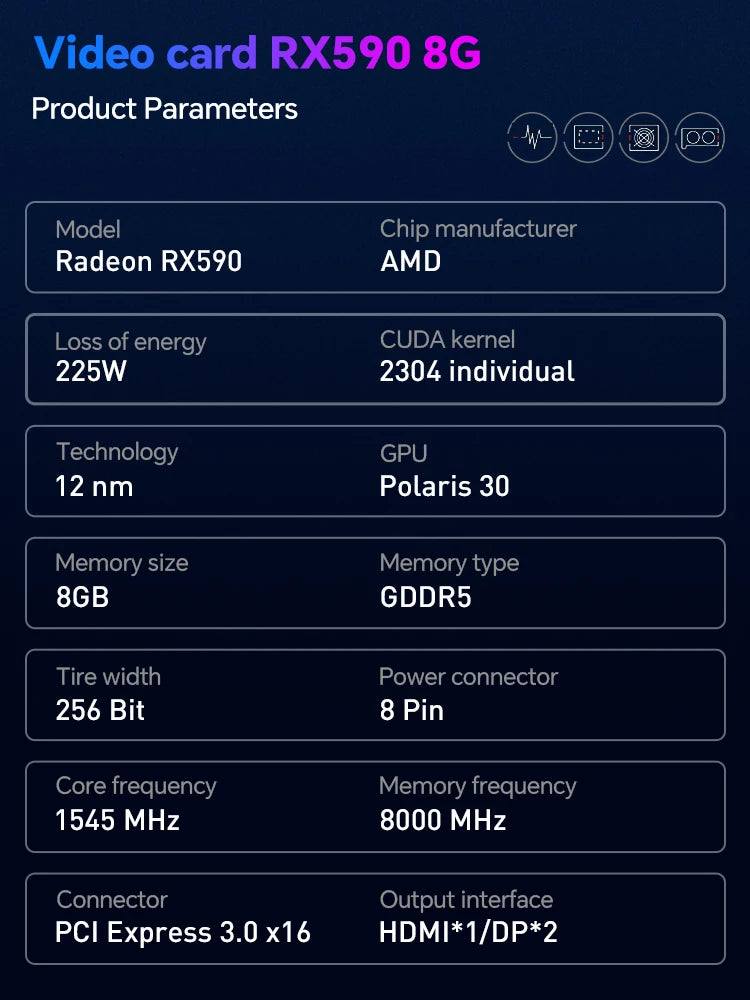 JIESHUO Original Radeon RX750, RX580, RX590 8GB Placa de Vídeo 256Bit 2048SP GDDR5 Memória Placa de Videogame PCIE3.0x16 DVI DP para Computador Desktop