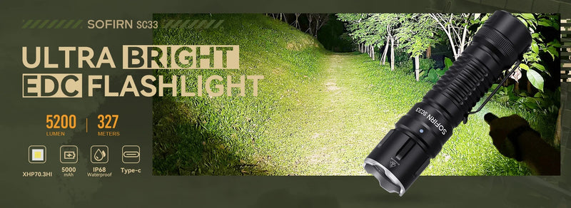Lanterna LED tática Sofirn SC33 XHP70.3 HI de 5200 lm, potente, recarregável com USB C 21700, com interruptor de energia na cauda, luz externa