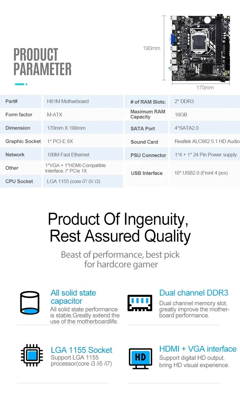 Placa-mãe SZMZ H61 LGA 1155 H61M H61 LGA1155 DDR3 PC Motherboards 1155 mainboard H61