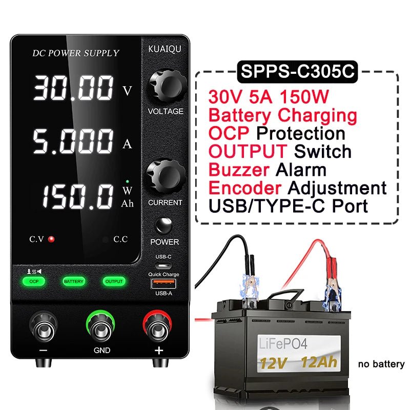 Fonte de alimentação KUAIQU DC 30V 10A, fonte de alimentação de bancada DC regulada por comutação ajustável, 12V 24V 48V 60V 120V, carregamento inteligente