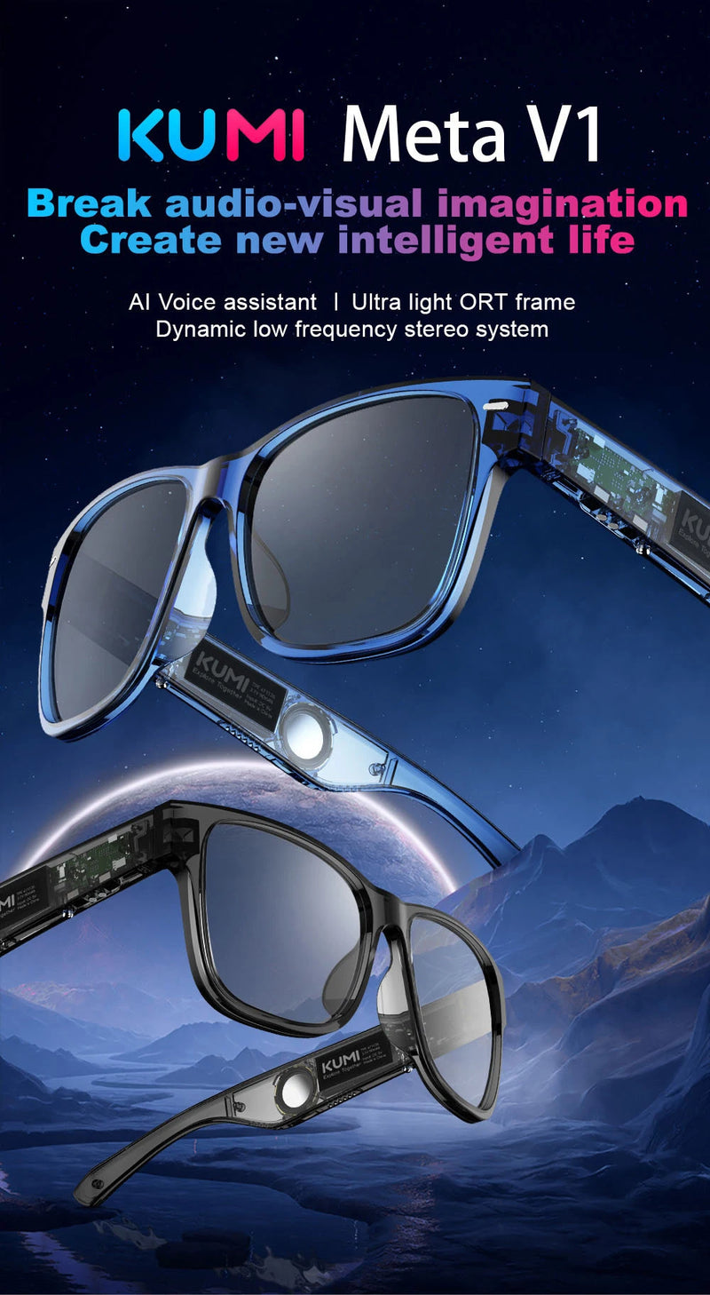 Óculos de Sol Inteligentes KUMI Meta V1, Polarizado com Bluetooth, à Prova D'água IPX4, Fones de Ouvido Abertos, Assistente de Voz com IA