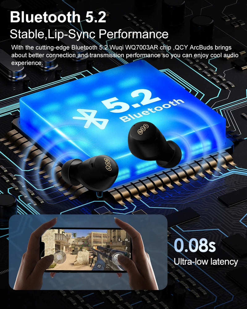Fones de ouvido sem fio QCY HT07 ANC com cancelamento de ruído de 40 dB TWS, 6 microfones, chamada AI HD, Bluetooth 5.2, reprodução de 32 horas