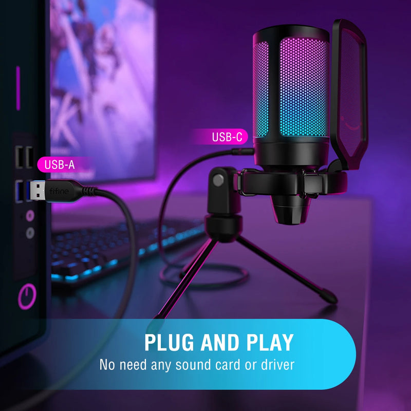 Microfone USB FIFINE Ampligame para streaming de jogos com filtro pop, montagem antichoque e controle de ganho, multicompatível, para PC/PS4/5 - A6V