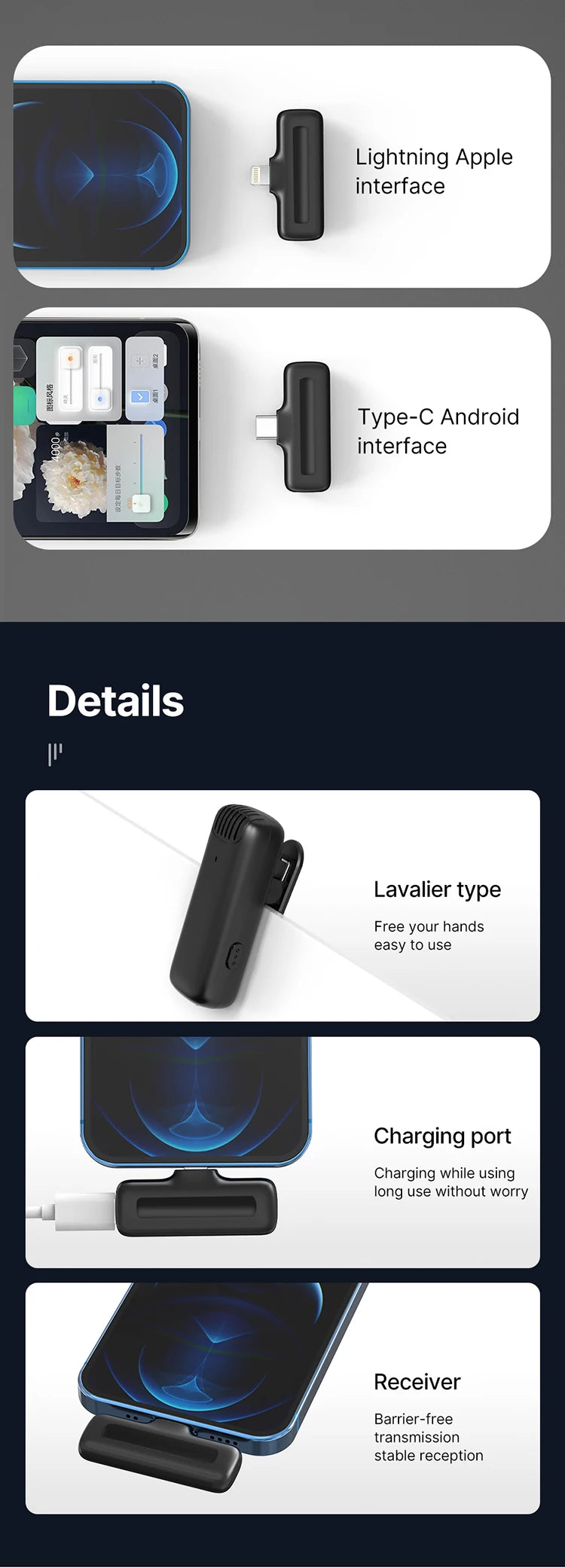 Microfone de lapela sem fio Ulanzi J12 com mini microfone para gravação de áudio e vídeo, plug-play para smartphone Android e iPhone, transmissão ao vivo
