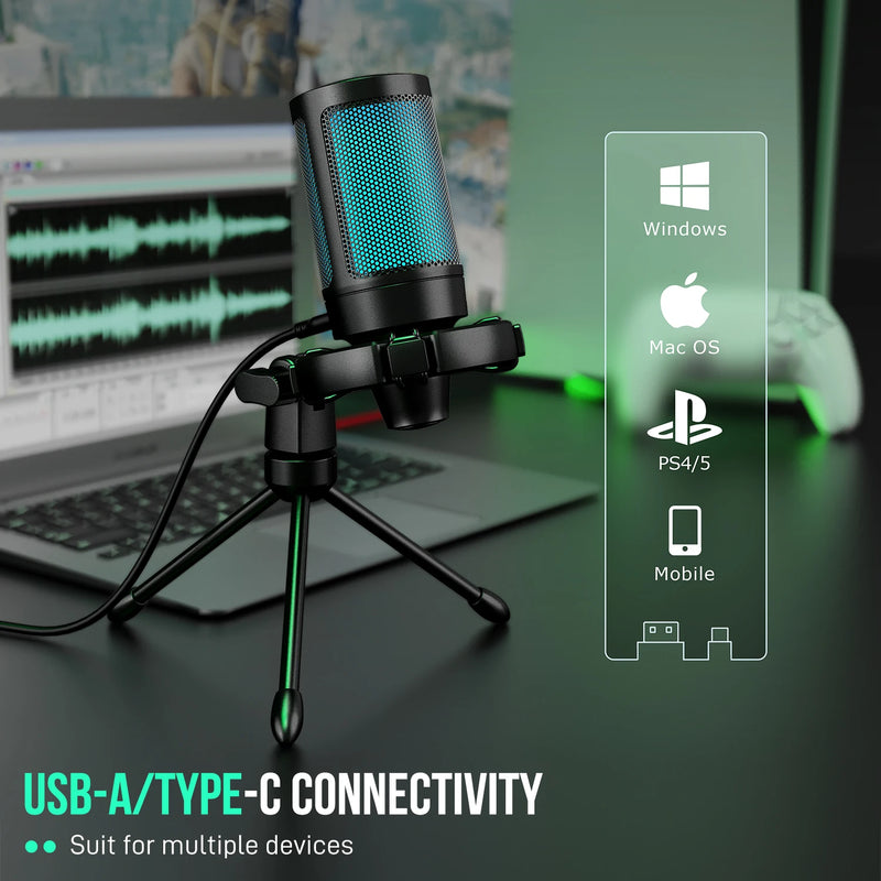 Microfone para jogos AmpliGame com silenciador rápido, microfone condensador USB RGB com tripé para PC, laptop, PS4/5, streaming de podcast - A2