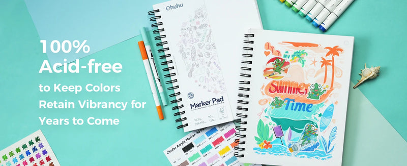 Blocos de marcadores de dupla face Ohuhu, caderno de esboços artísticos à prova de sangramento, espiral, caderno de esboços para marcadores de álcool, caderno de desenho escolar