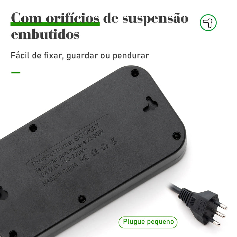 Soquete de extensão e filtro de linha elétrica USB