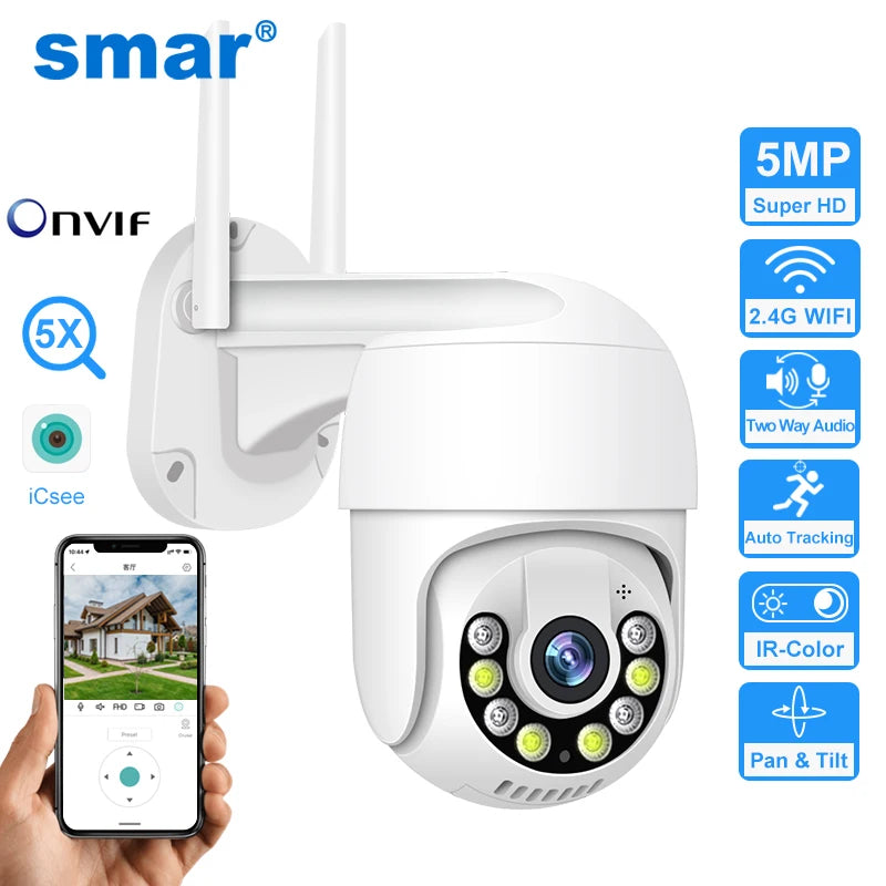 Câmera Smart 3MP 5MP PTZ WiFi externa com rastreamento automático, detecção humana por IA, visão noturna em cores, áudio bidirecional, câmera IP ICsee APP