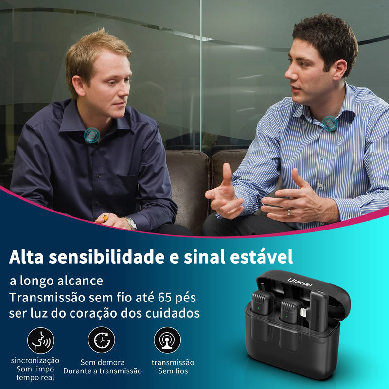 Microfone de lapela sem fio Ulanzi J12 com mini microfone para gravação de áudio e vídeo, plug-play para smartphone Android e iPhone, transmissão ao vivo