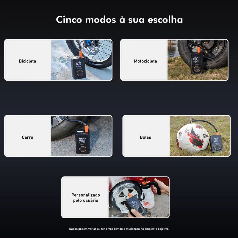 Bomba de inflação portátil sem fio de 60 W, bateria de 1800 mAh * 2,5 modos (carro/bicicleta/motocicleta), desligamento automático por LED, tipo C