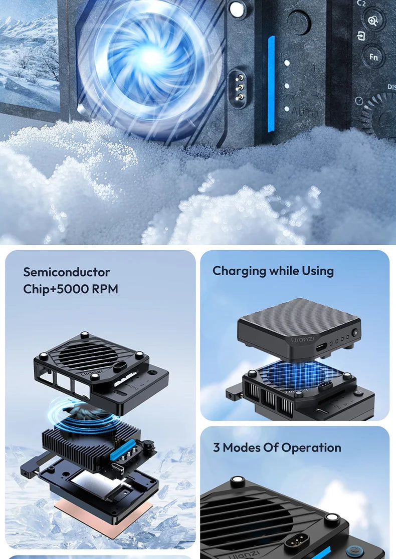 Ulanzi CU01 Cooler para câmera, ventilador de resfriamento para transmissão ao vivo, sistema de resfriamento alto, radiador de câmera, dissipador de calor para Canon R50 Sony ZVE Nikon
