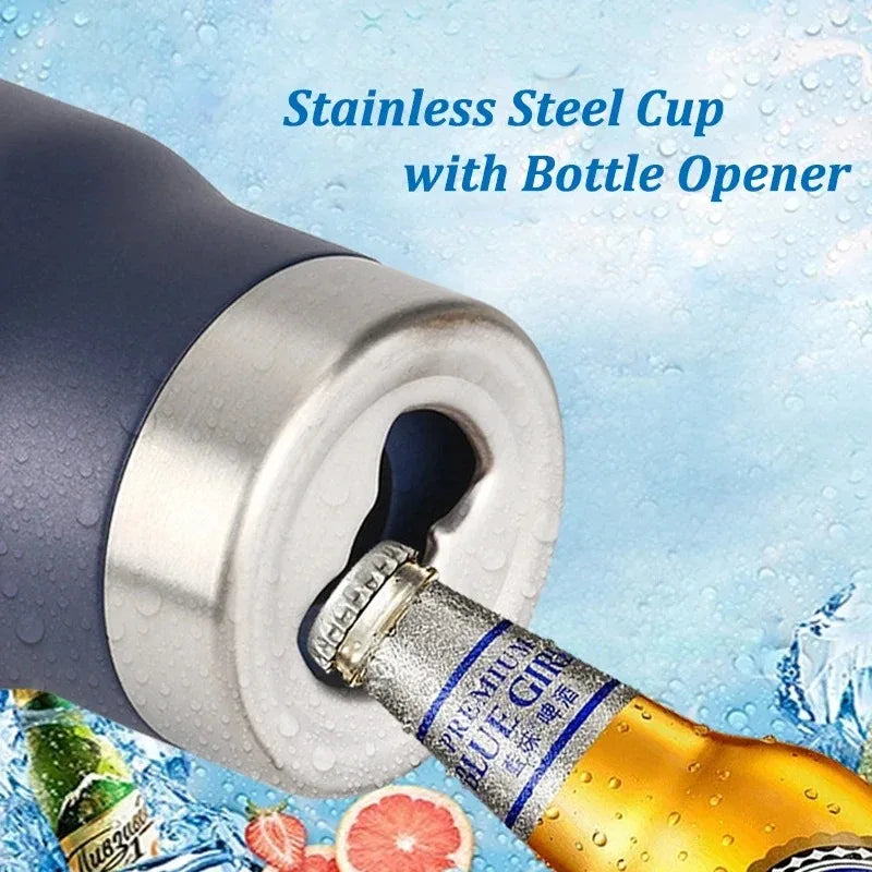 Copo Térmico 400ml ou suporte para cerveja de lata ou garrafa em aço inoxidável - 5x1 (Copo térmico / Latinha 350ml / Lata Alta 400mL / Barrigudinha / Long Neck e Com Abridor de Garrafa)