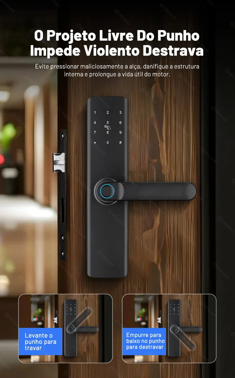 Fechadura eletrônica inteligente com impressão digital biométrica, cartão inteligente, senha, chave, desbloqueio, USB, sem aplicativo, trava de carga de emergência para casa