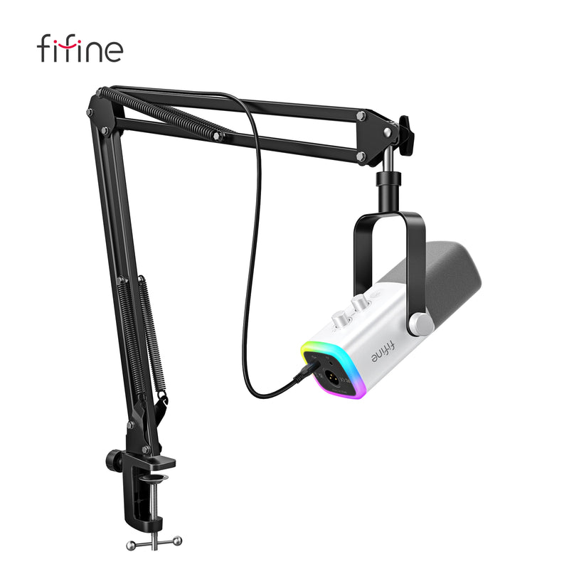 Kit de microfone gamer FIFINE USB/XLR com entrada para fone de ouvido/RGB/braço de braço, conjunto de microfone dinâmico para PC PS5/4 Mixer AmpliGame Branco-AM8TW