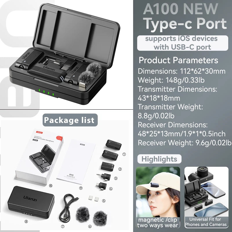 Microfone de lapela sem fio Ulanzi A100 para câmera iPhone 16 15 Pro Max Android DJI Action Pocket 3 com gravação dupla ao vivo