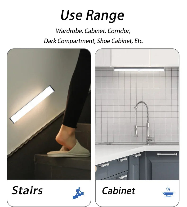 Luz noturna LED com sensor de movimento 20/30/40/60 cm, sem fio, USB, para armário, luz noturna, lâmpada para guarda-roupa, cozinha, armário, quarto
