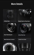 Lente VILTROX 27mm 75mm F1.2 para Fuji X, equivalente à lente Sony E 27mm 1.2, com foco automático e grande abertura, ideal para retratos em câmeras APS-C da Fujifilm.
