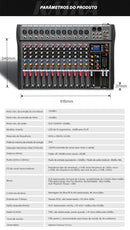 Mesa de Mixagem Portátil com 12 Canais, Entrada Digital MP3 para Computador, Placa de Som, Mixer USB, Mixer de Áudio para Karaokê e Transmissão