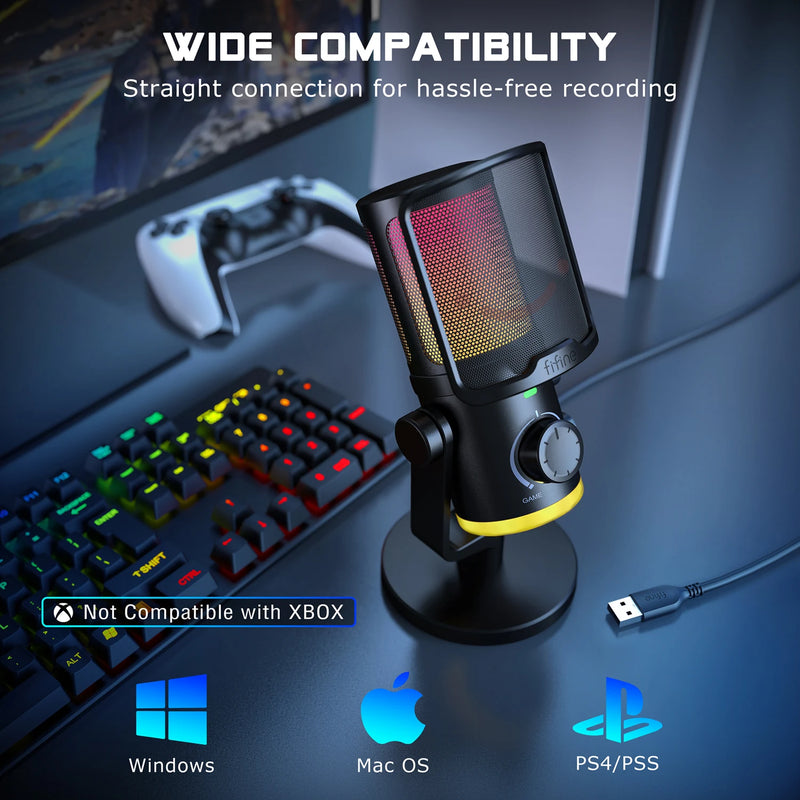 Microfone para jogos USB FIFINE com botão de cancelamento de ruído/RGB/ganho e equilíbrio, microfone condensador para streaming de podcast - Ampligame AM6