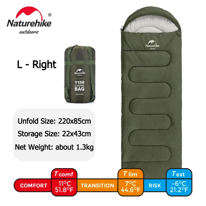 Saco de dormir Naturehike Y150 3 estações, impermeável, ultraleve, com capuz, para adultos, acampamentos ar livre