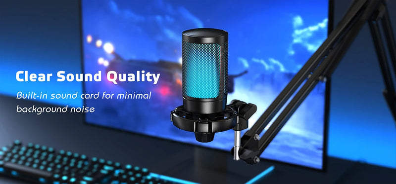 Kit de microfone para jogos AmpliGame com silenciador rápido, conjunto de microfone condensador USB RGB com braço de metal para PC móvel, PS4/5, streaming - A2T