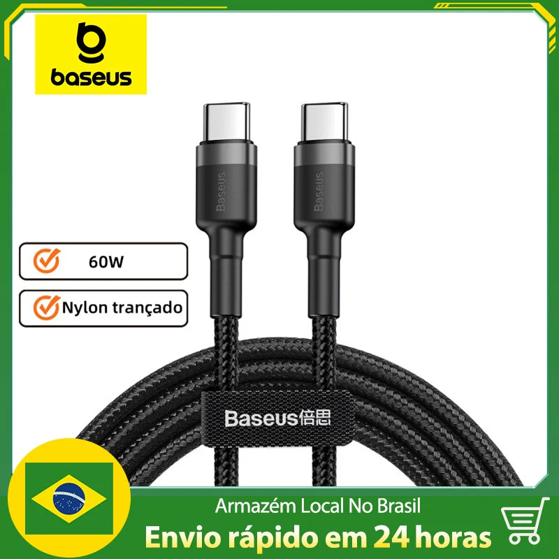 Cabo USB C para USB C Baseus Cafule 60 W para iPhone 15, MacBook, iPad Pro, cabo de carregamento rápido 5A, trança de nylon de 1 m/2 m