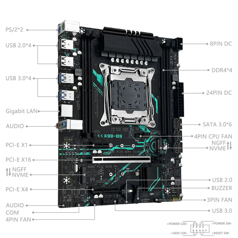 Placa-mãe MACHINIST X99 B9 LGA 2011-3 com slot M.2, suporte para chip X99 C612, memória DDR4, SATA 3.0, USB 3.0 e PCIe 16X.