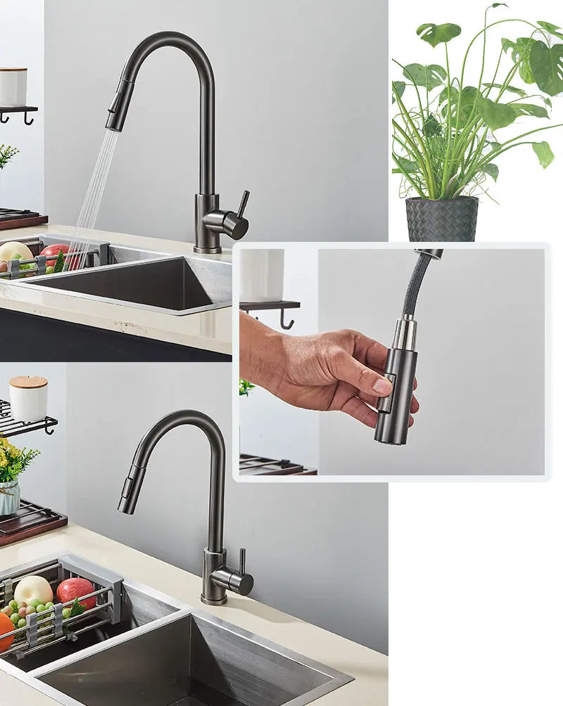 Torneira de cozinha FMHJFISD, torneira de cozinha dourada escovada, torneira de água retrátil, misturadora de alça única, rotação de 360 graus, torneira de chuveiro de cozinha