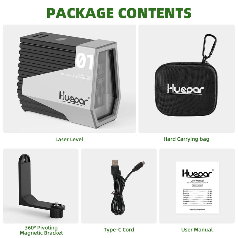 Nível a laser verde Huepar E011G, autonivelante, linha cruzada, ferramenta recarregável, sensor de movimento e modo de pulso - acene com a mão para alternar