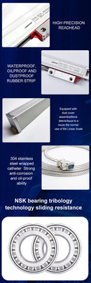 DRO Linear Fino de 0,005 mm com Escala de Vidro TTL 5VDC, Sensor de Deslocamento com Régua de Grade de 450 mm a 1000 mm para Fresadoras e Tornos