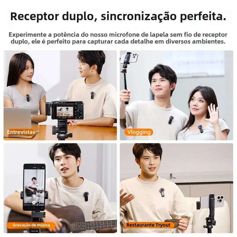 Microfone de lapela sem fio Ulanzi A100 profissional com 20 m de comprimento e gravação de áudio e vídeo para iPhone 16/15 e câmera de celular Android