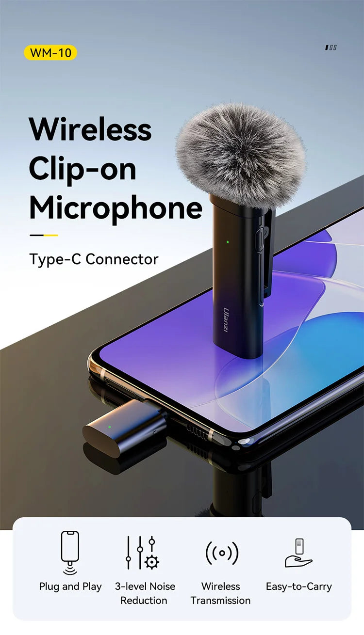 Microfone de lapela sem fio Ulanzi WM-10 1 para 1 USB C para Android e iPhone com esponja à prova de vento para gravação de transmissão ao vivo