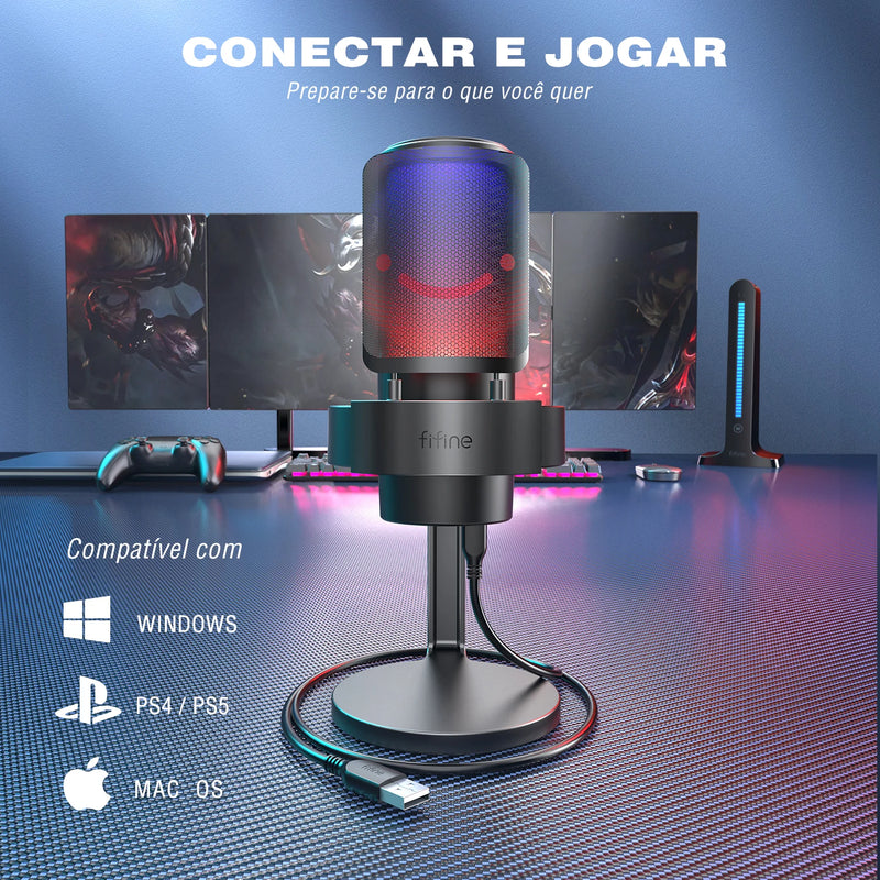 Microfone USB FIFINE para gravação e streaming em PC/Mac com filtro pop, silenciador rápido e conector de microfone de 3,5 mm, microfone com 3 modos RGB - A8