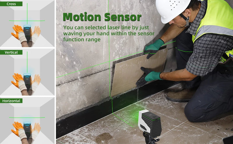 Nível a laser verde Huepar E011G, autonivelante, linha cruzada, ferramenta recarregável, sensor de movimento e modo de pulso - acene com a mão para alternar