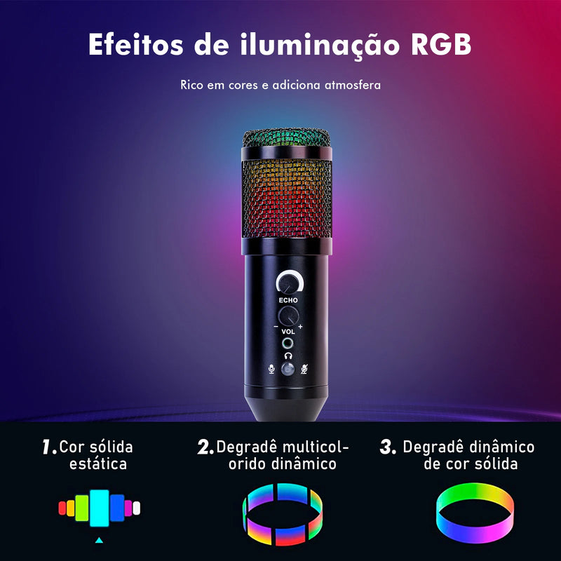 Microfone RGB de Braço Articulado, Condensador, de Mesa para PC Gamer, Coibeu
