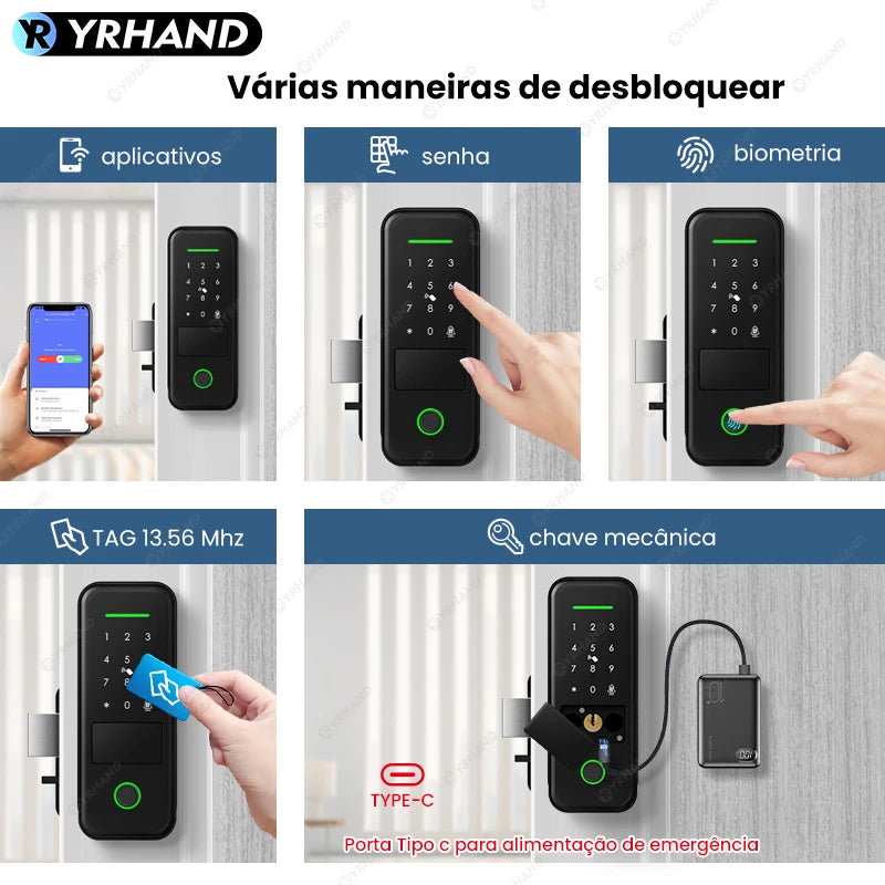 Fechadura eletrônica inteligente à prova d'água com impressão digital e Wi-Fi para porta, fechadura digital do Brasil, fechadura inteligente de aro para casa Tuya