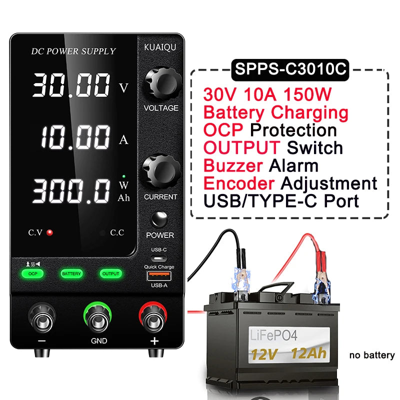 Fonte de alimentação KUAIQU DC 30V 10A, fonte de alimentação de bancada DC regulada por comutação ajustável, 12V 24V 48V 60V 120V, carregamento inteligente